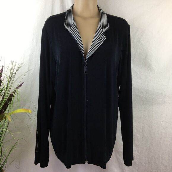 Chico’s Travelers Black & White Zip Up Stripe Collar Long Sleeve Jacket L 2 - Picture 2 of 9